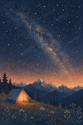 Glowing Alpine Tent Beneath Starry Mountains