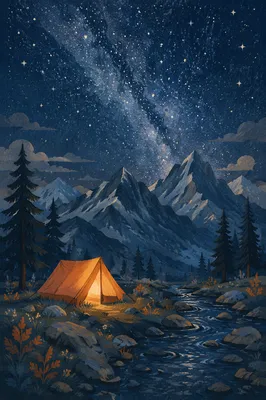 Glowing Tent Beneath Starry Mountain Sky