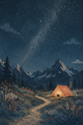 Glowing Camping Tent Beneath Mountain Stars