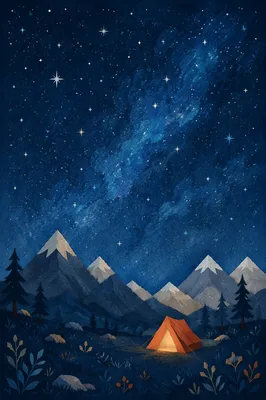 Glowing Camping Tent Beneath Starry Mountains
