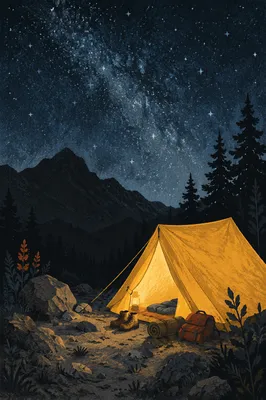 Glowing Camping Tent Beneath Starry Mountains