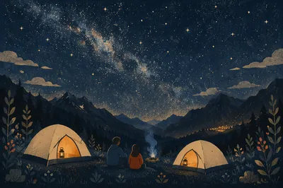 Starry Mountain Campsite With Glowing Tents