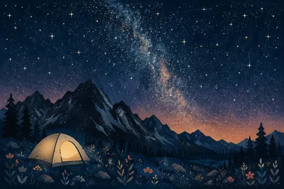 Glowing Tent Beneath Starry Alpine Mountains