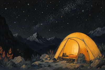 Glowing Mountain Tent Under Starry Night
