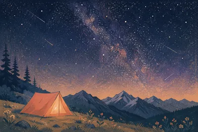Glowing Alpine Tent Beneath Starry Mountains