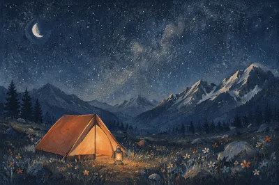 Glowing Camping Tent Beneath Starry Mountains