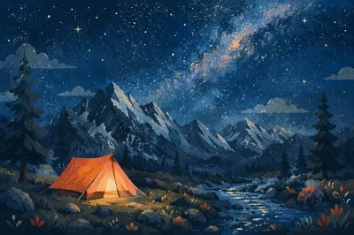 Glowing Camping Tent Beneath Starry Mountains