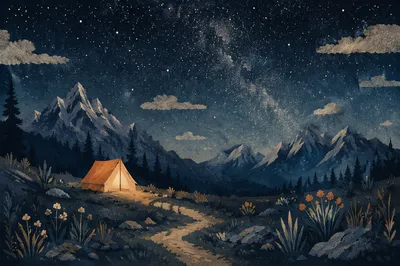 Glowing Tent Beneath Starry Mountain Sky