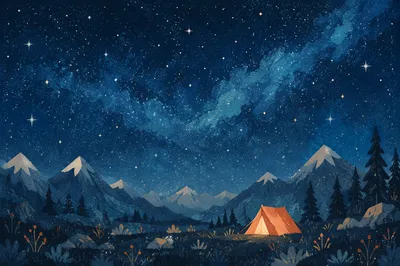 Glowing Tent Beneath Starry Mountain Sky