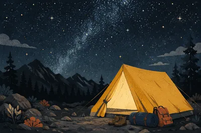 Glowing Camping Tent Beneath Starry Mountains