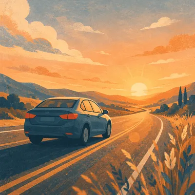 Car on Open Highway at Sunset