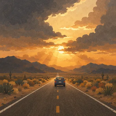 Car Driving Highway at Golden Sunset