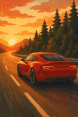 Red Coupe Highway Sunset Adventure