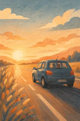Car Driving Toward Golden Sunset Horizon