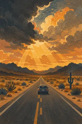 Car Driving on Desert Highway at Sunset