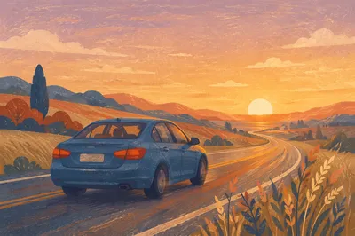 Golden Hour Highway Drive at Sunset