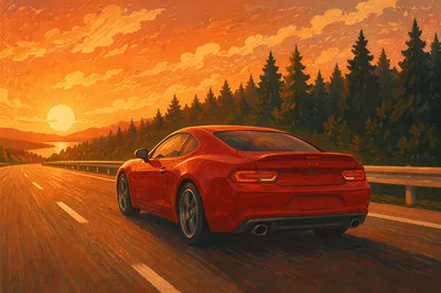 Red Sports Coupe at Sunset Highway