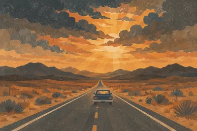 Car Driving Into Golden Desert Sunset