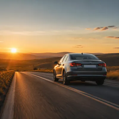 Car Driving Highway at Golden Sunset