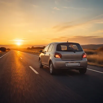 Compact Car on Highway at Sunset