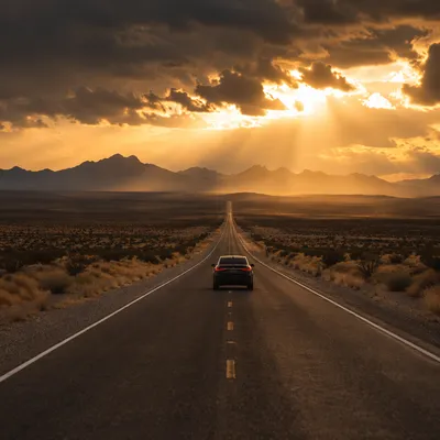 Car Driving Toward Sunset Desert Horizon