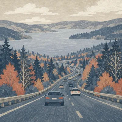 Misty Highway Road Trip Through Forest