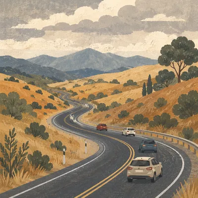 Scenic Highway Drive Through Golden Hills