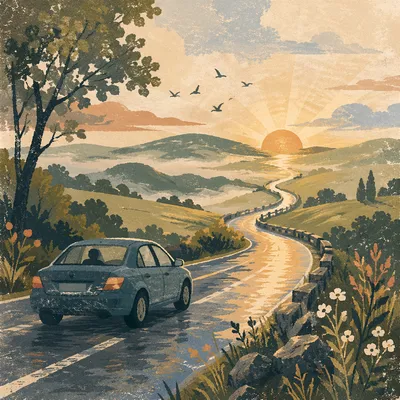 Peaceful Sunrise Highway Through Green Hills