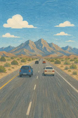 Desert Highway Road Trip Toward Mountains