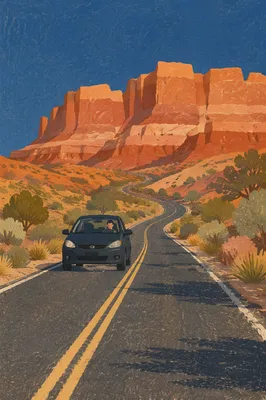 Desert Highway Road Trip Beneath Red Cliffs