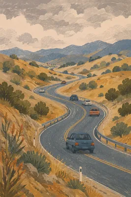 Scenic Highway Through Golden Countryside Hills
