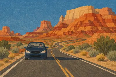 Desert Highway Road Trip Beneath Red Cliffs