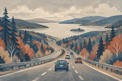 Misty Highway Road Trip Through Forest