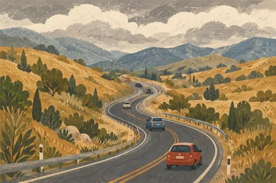 Scenic Highway Through Golden Countryside Hills