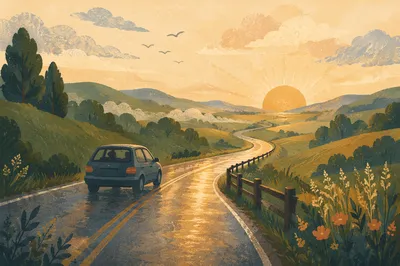 Peaceful Highway Journey at Sunrise