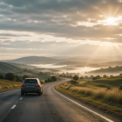 Peaceful Highway Journey Through Morning Hills