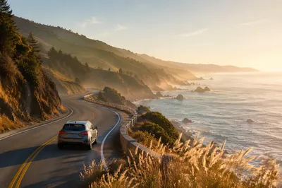 Compact Car on Coastal Highway at Sunset