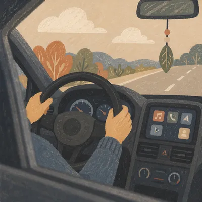 Calm Road Trip Steering Wheel Close-Up