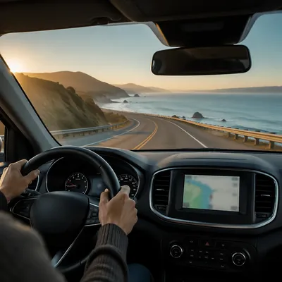 Sunrise Coastal Drive from Car Interior