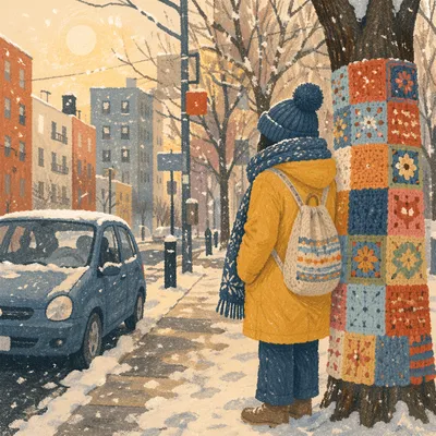 Winter Urban Travel Street with Parked Car