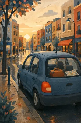 Compact Car on Quiet City Street