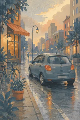 Rainy Urban Street with Parked Car