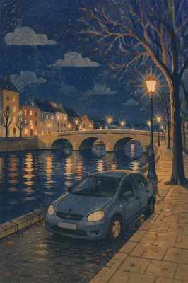 Blue Hour Car on Riverside Street