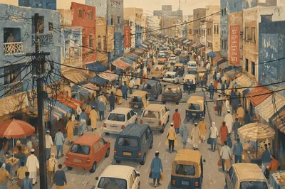 Busy Urban Street with Parked Cars
