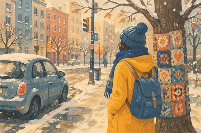 Winter Traveler Beside Parked City Car