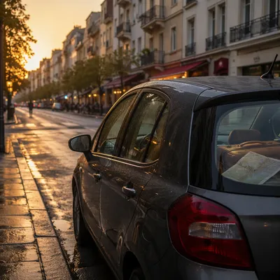 Compact Car on Quiet Morning City Street
