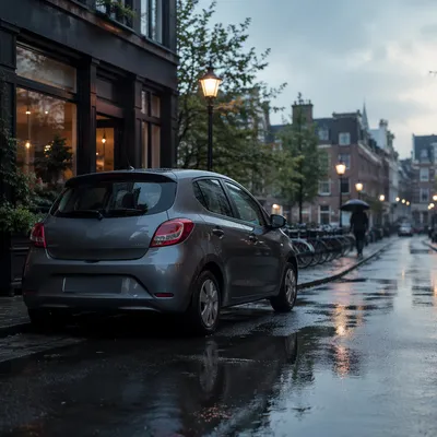 Compact Car on Rainy Urban Street