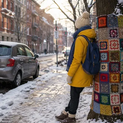 Winter Traveler by Parked Car in City