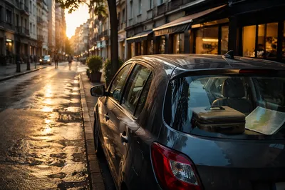 Compact Car Parked on Quiet City Street