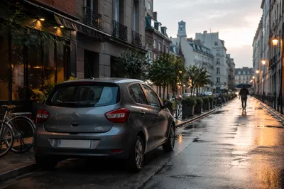 Rainy Morning Car on Quiet City Street